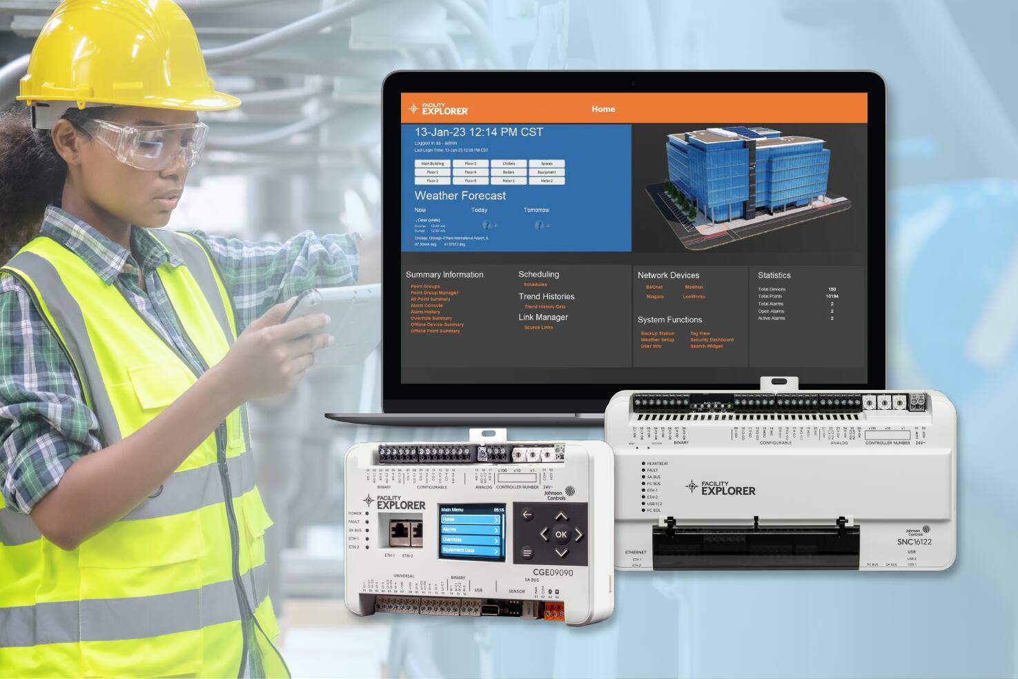 Lady looking at tablet with front view of facility explorer items logos
