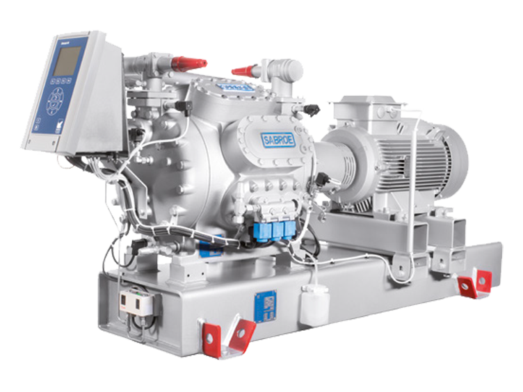 Display of a Sabroe CMO reciprocating compressor unit.