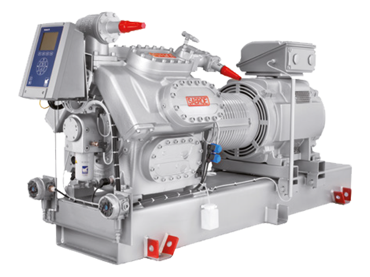 Display of a Sabroe CMO reciprocating compressor unit.